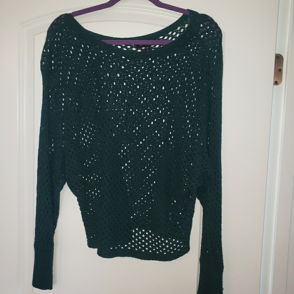 Deep teal dolman sleeve open stitch top